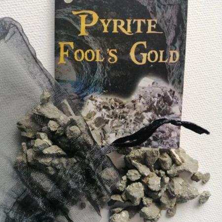Pyrite bag with booklet on a white background
