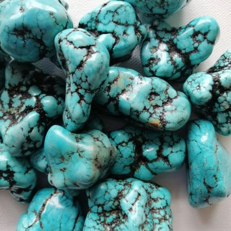 Turquoise stones with brown matrix on a light gray background