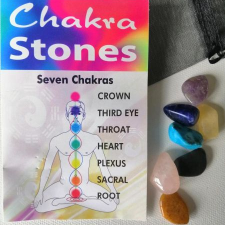 Pack of Chakra Stones with colorful stones on a white background