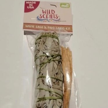 White Sage & Palo Santo Kit packaging with sticks on a white background